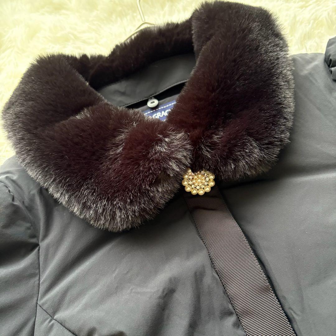 エムズグレイシー リボンAラインロングダウンコート 黒38 取外可