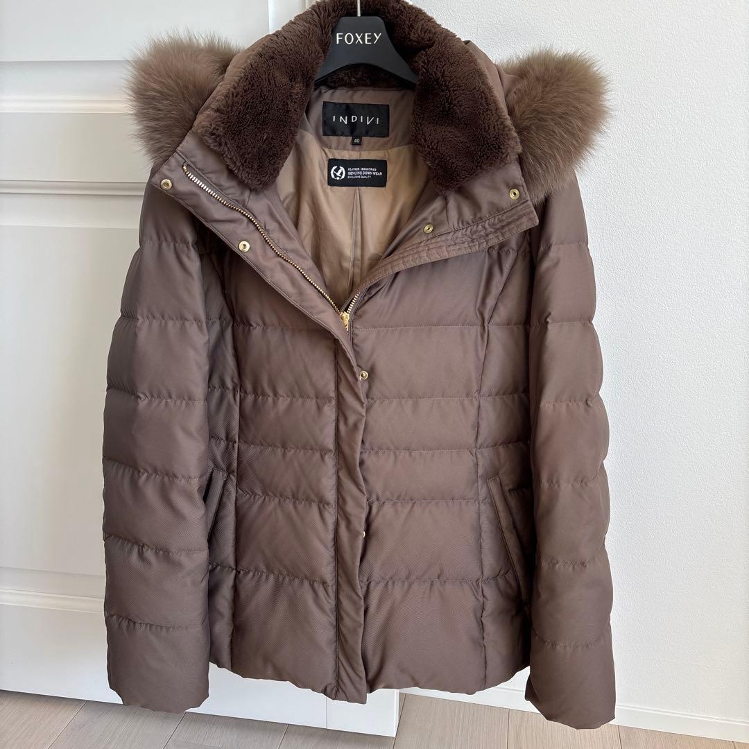 INDIVI ブラウン ダウンジャケット 取り外し可能ファー付き