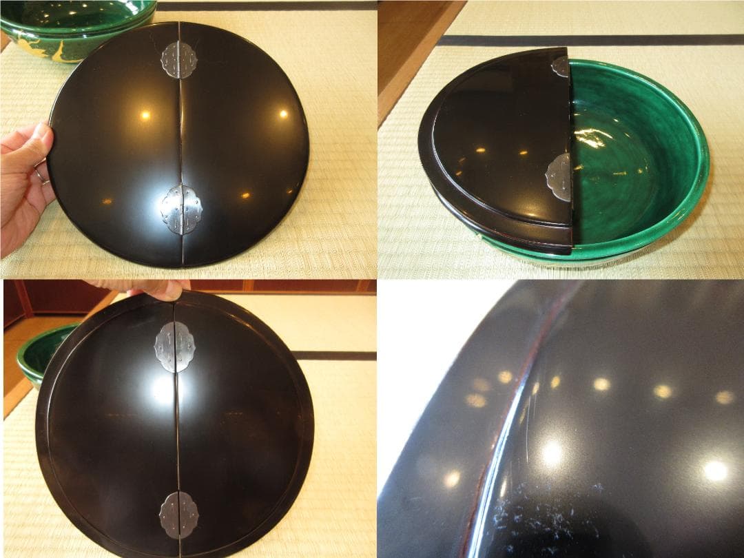 送料込【逢絢亭】茶道具 平水指 萬古焼 青交趾 荒磯の図 割蓋付 加賀瑞