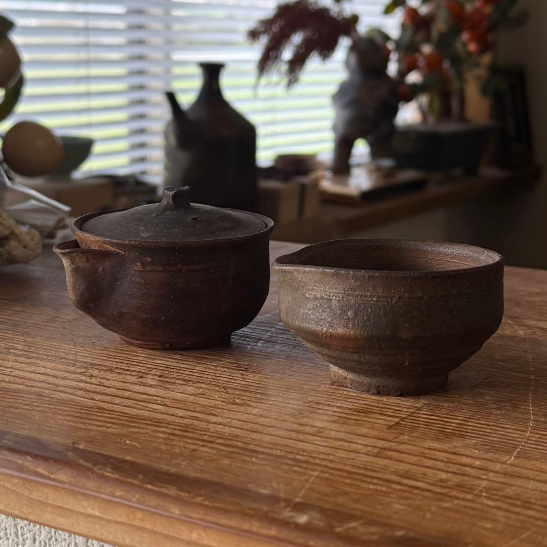 SNT454 真作 備前焼 人間国宝 藤原啓 宝瓶 湯冷し 二点 宝瓶直しあり