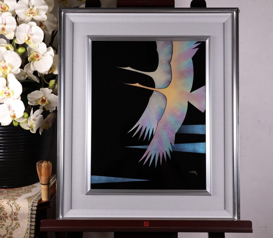 真作　輪島塗沈金　日展作家　加治武　「 双鶴飛翔 」 漆芸画　6号　BJ243