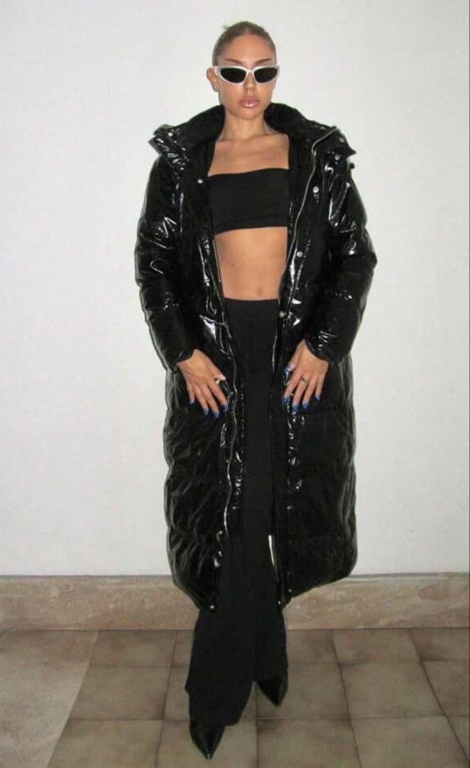 新品　カッコいい　エナメル　光沢　ブラック　ロング　ダウン　ユニセックス