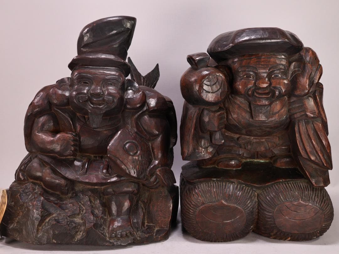 BK201 時代木彫 江戸期 大隅源義縄 作 恵比寿像 大黒像 玉眼 江戸