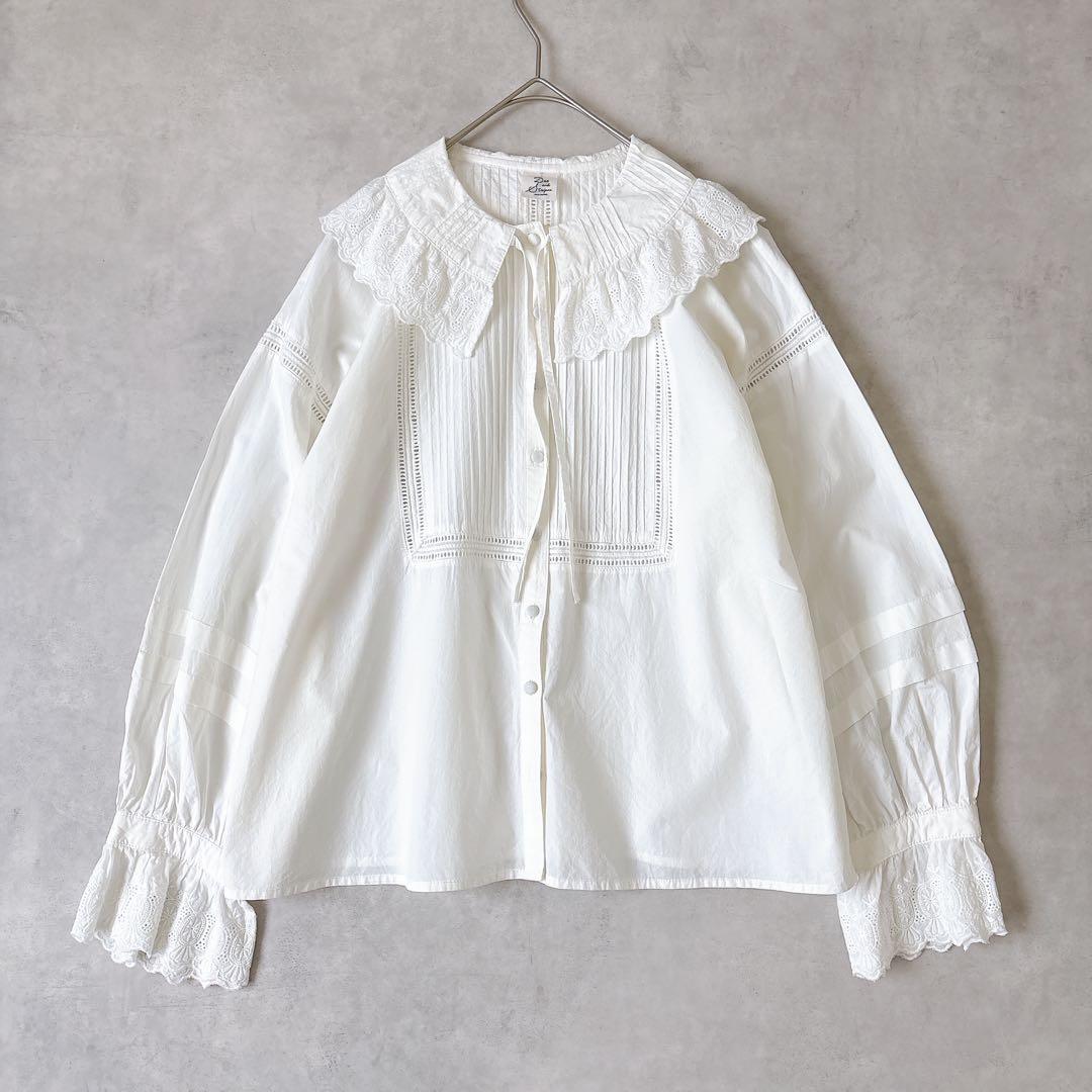 ドットアンドストライプス ピンタック レースブラウス 白 コットン F