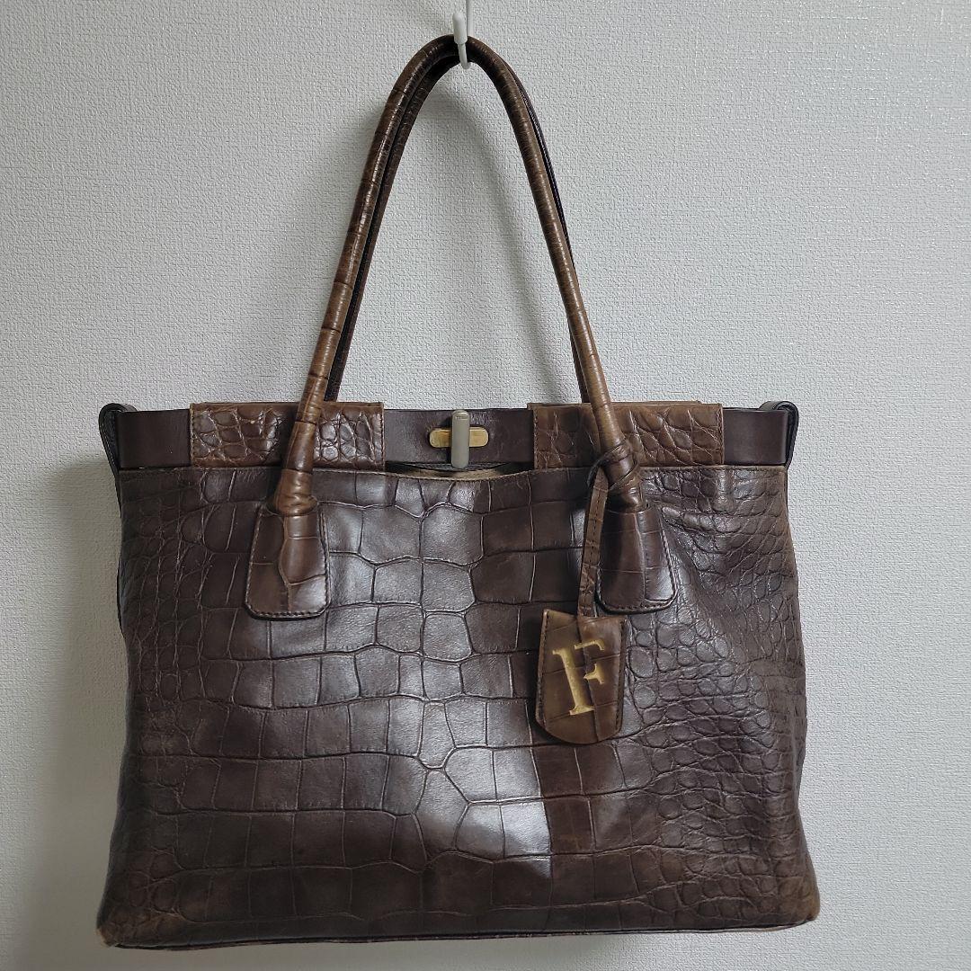 FURLA クロコダイル 型押し レザートートバッグ Fロゴ ブラウン 本革