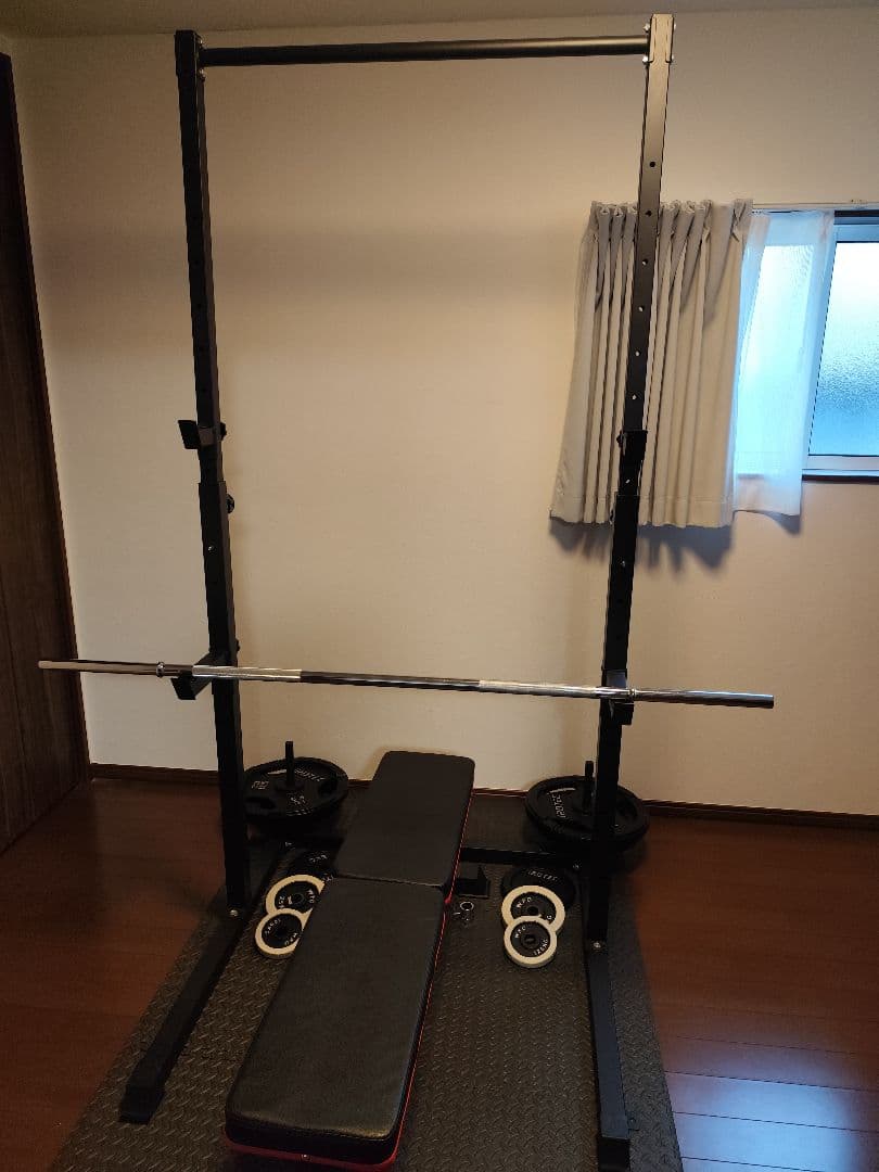 バーベルラック、フラットベンチセット バーベル台付き フラットベンチ トレーニングベンチ ベンチプレス