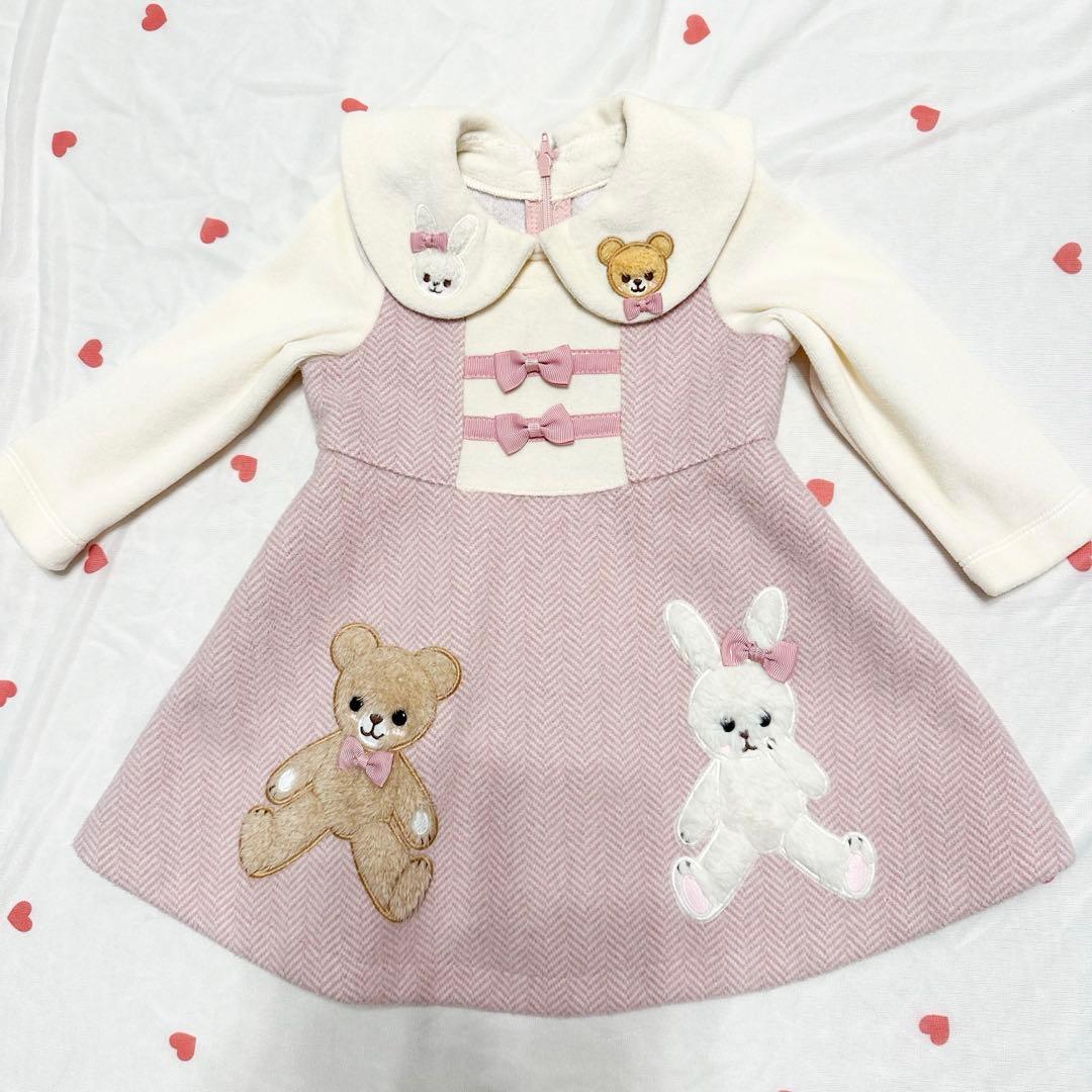 80cm うさぎ＆くまヘリンボーンワンピース シャーリーテンプル