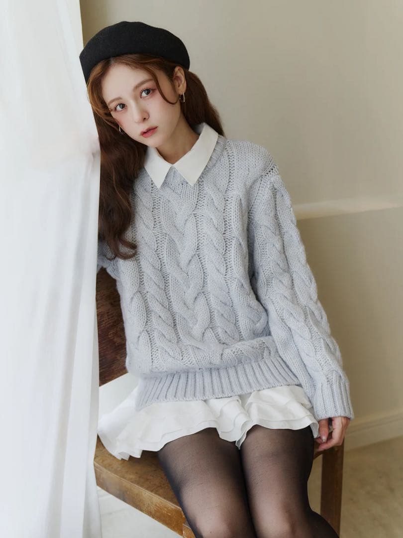 新品 Olu. フリルレイヤードケーブルニット 0 ブルーグレー