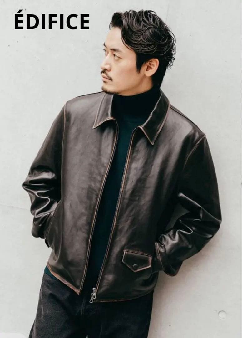 【美品】ÉDIFICEラムレザーフレンチ　　　アンティーク ライダースジャケット