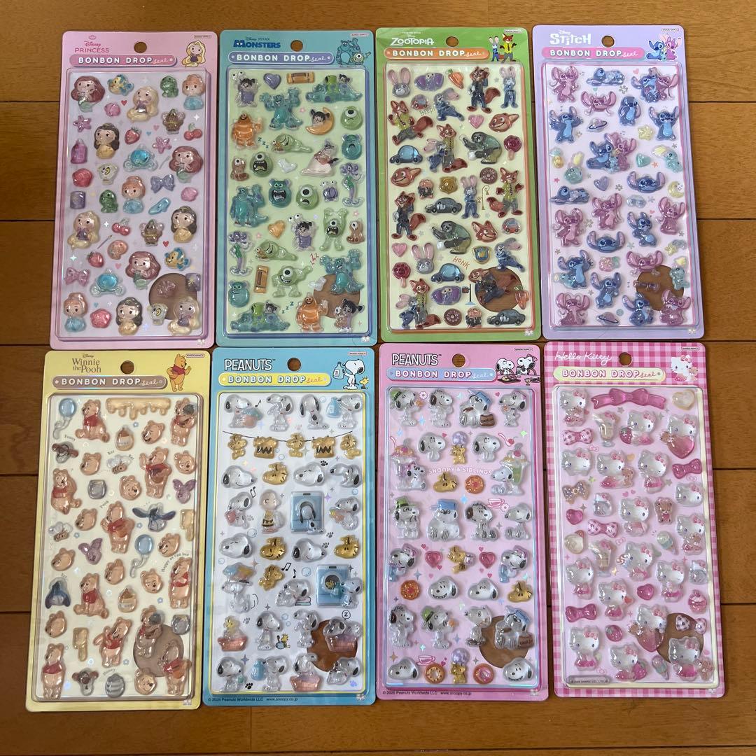 ボンボンドロップシール8点まとめ売り ディズニー多め サンリオ スヌーピー入り