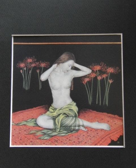 山根須磨子、【曼珠沙華】、希少な額装用画集画、新品高級額 額装付