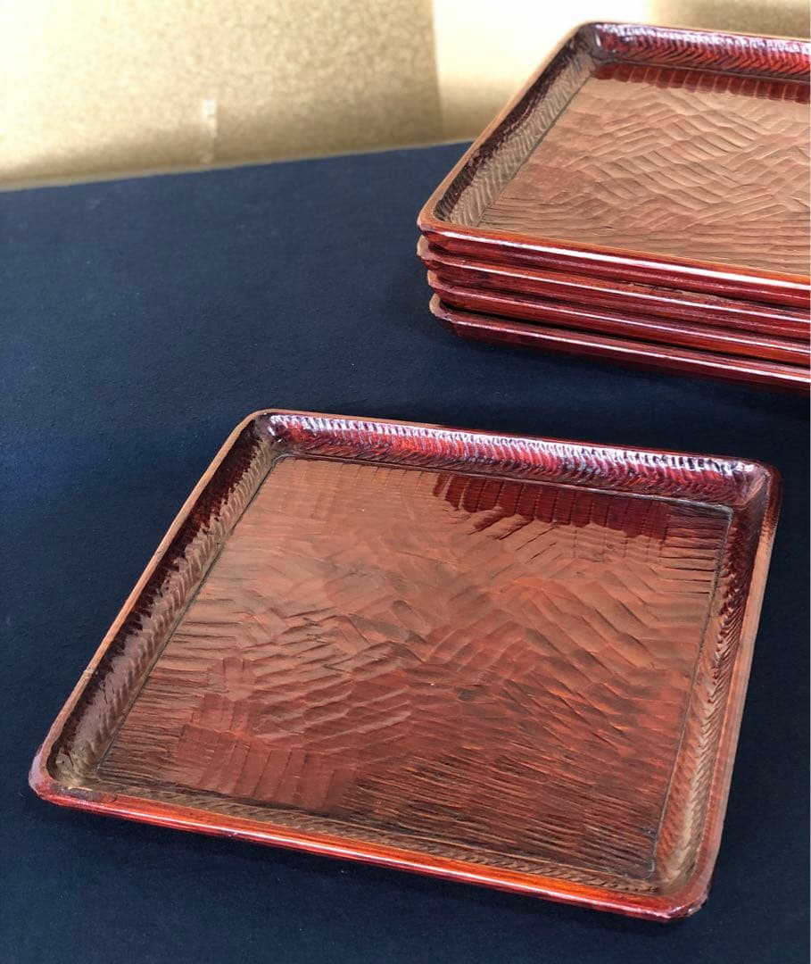 割引❗️《レ》伝統工芸 讃岐彫 讃岐盆5客 四方盆 銘々膳 刳抜 251027う1