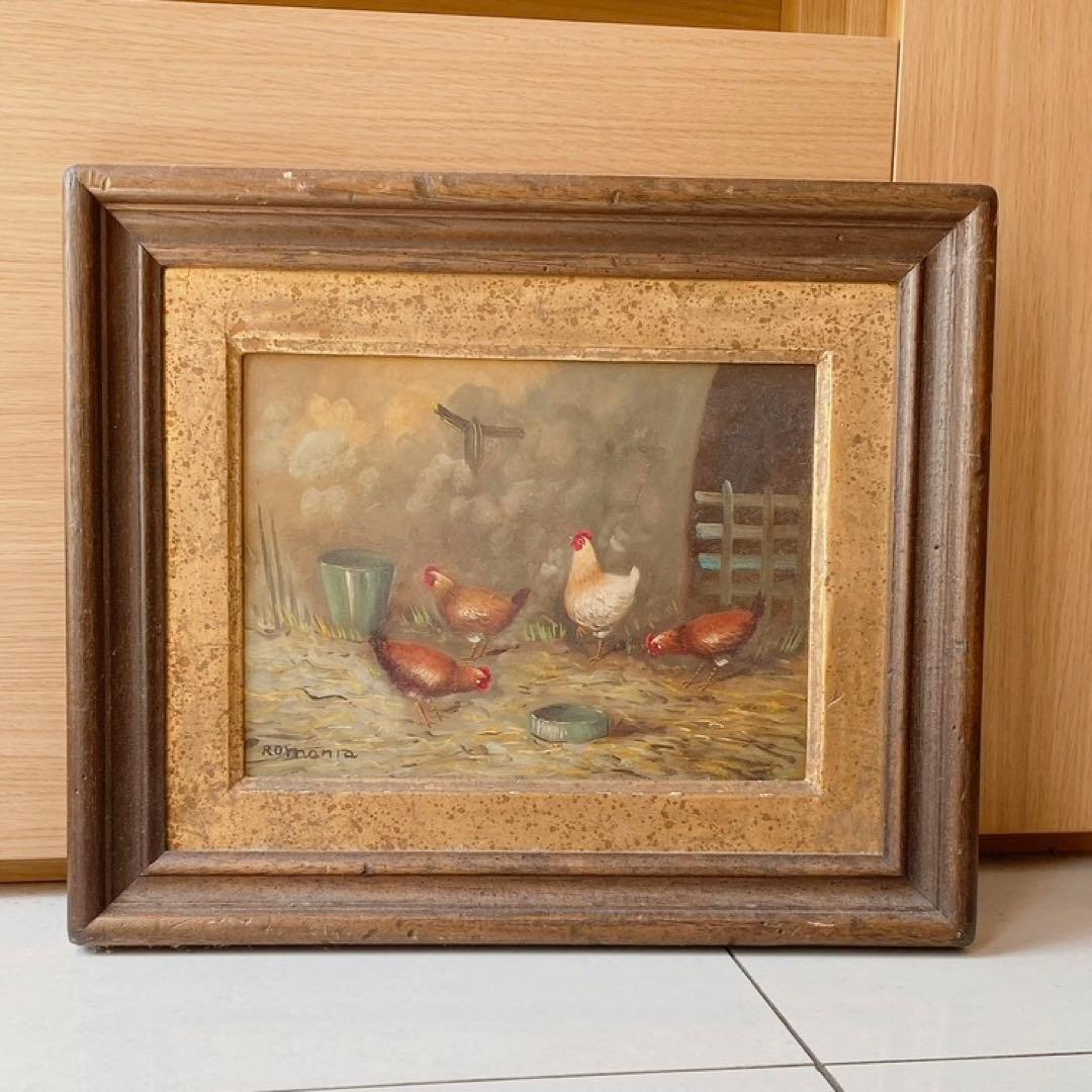 鶏の絵画 木製フレーム付き　アンティーク