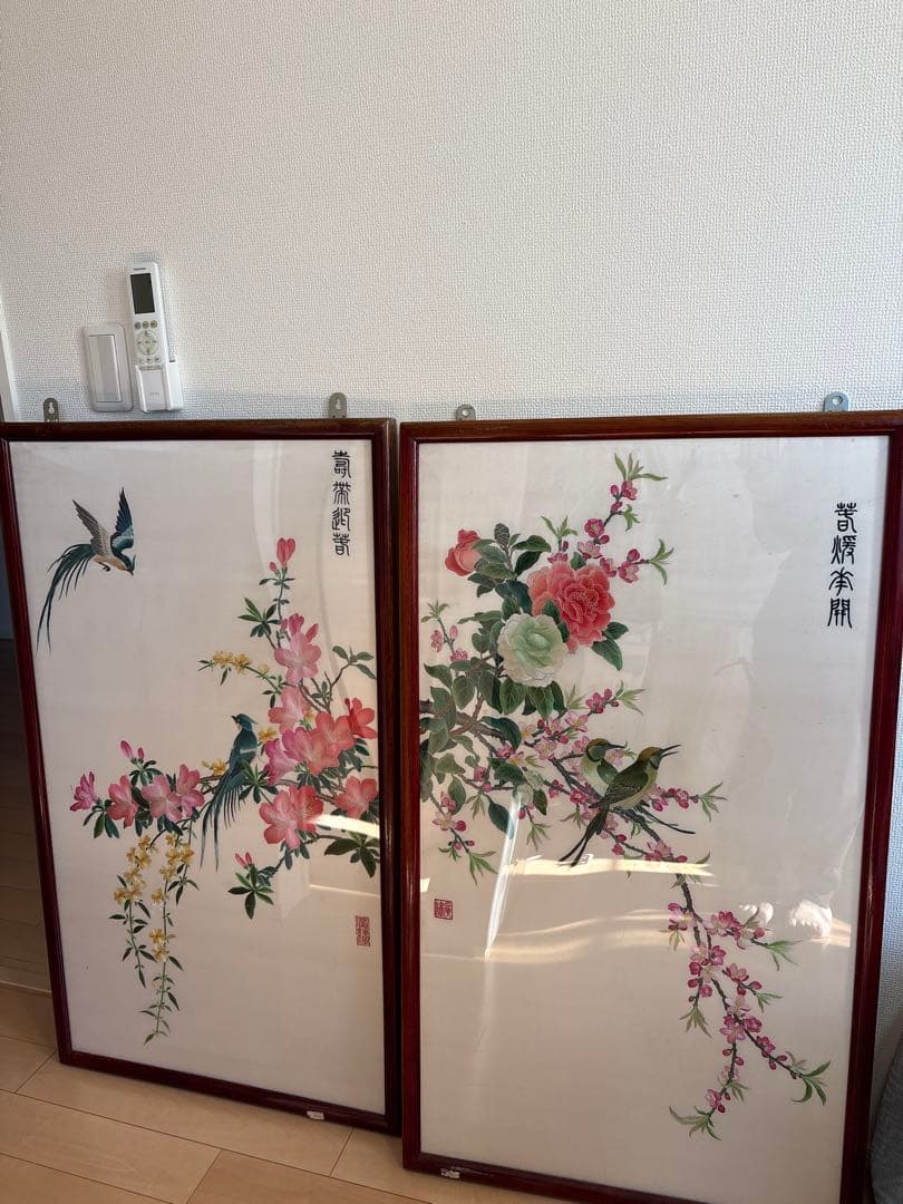 刺繍絵画 中国 2点 花 鳥