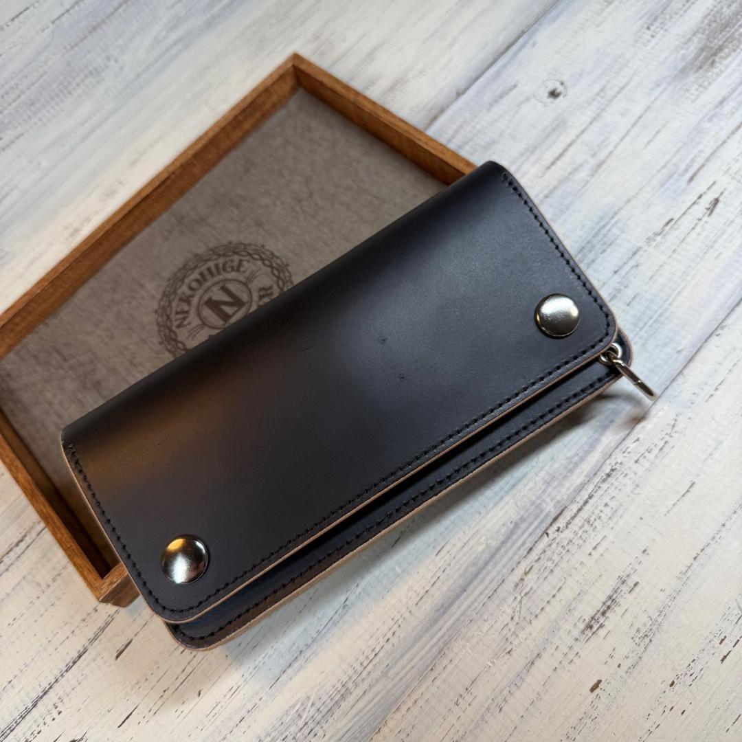 【トラッカーウォレット ロング 3層】 ブラック 姫路レザー シルバー YKK