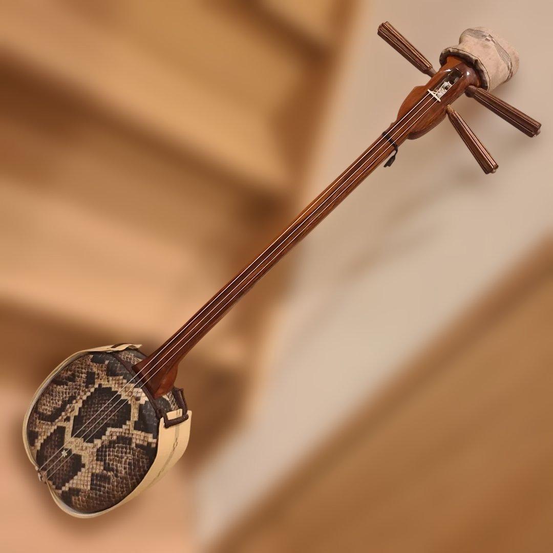 ✨希少✨沖縄三線 蛇柄 ヘビ柄 人工皮 工工四シール 頭カバー 爪付き 三味線 真壁型黒塗り 本蛇皮一枚張り三線 – 米須三線店