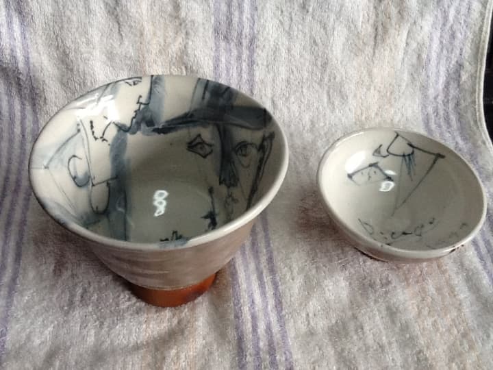 安食ひろ(1999年作) ピカソ碗(蓋付き） 於里辺碗　ぐい呑 安食ひろ 茶碗 ゲルニカ（共箱） 径14.8 × 13.2 × H9.6 SOLD OUT 安食