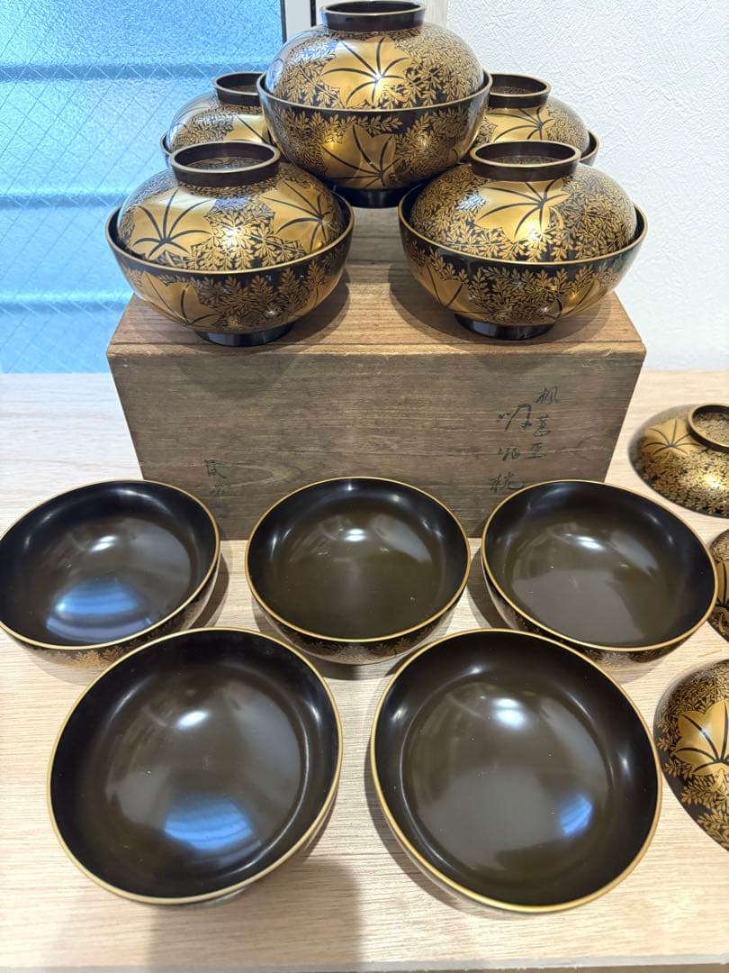 金蒔絵 塗師 金森春次 吸物椀 十客 共箱 長期保管品 - 懐石道具 茶道具
