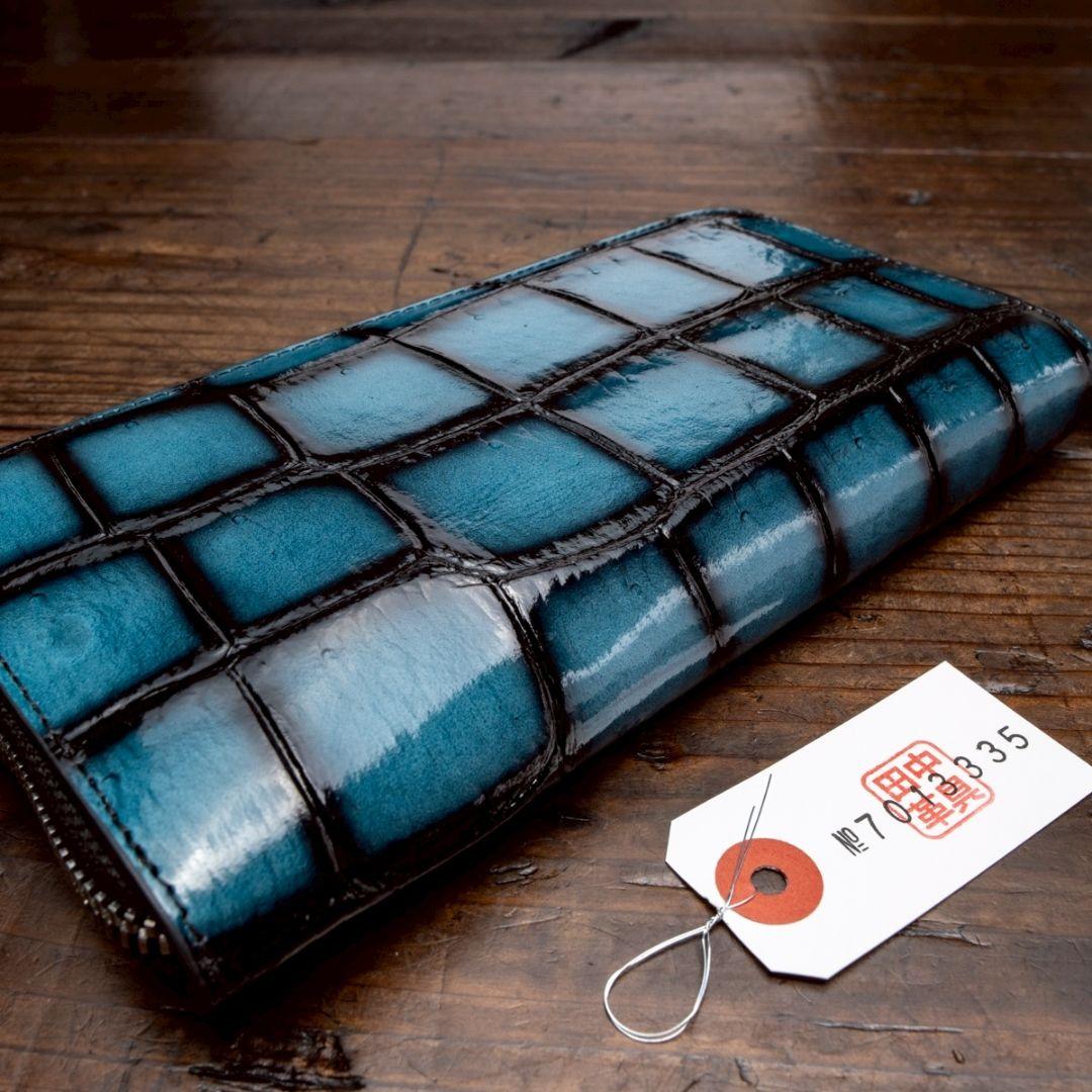 実物撮影 一枚革 クロコダイル ブルー メンズ 長財布 ラウンド