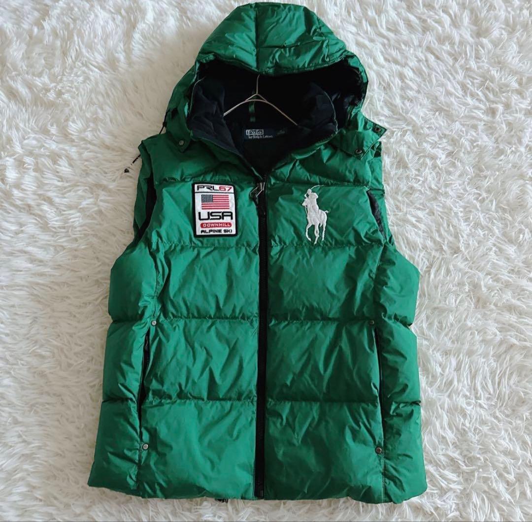 ポロバイラルフローレン フード付きダウンベスト ビッグポニー メンズM 星条旗