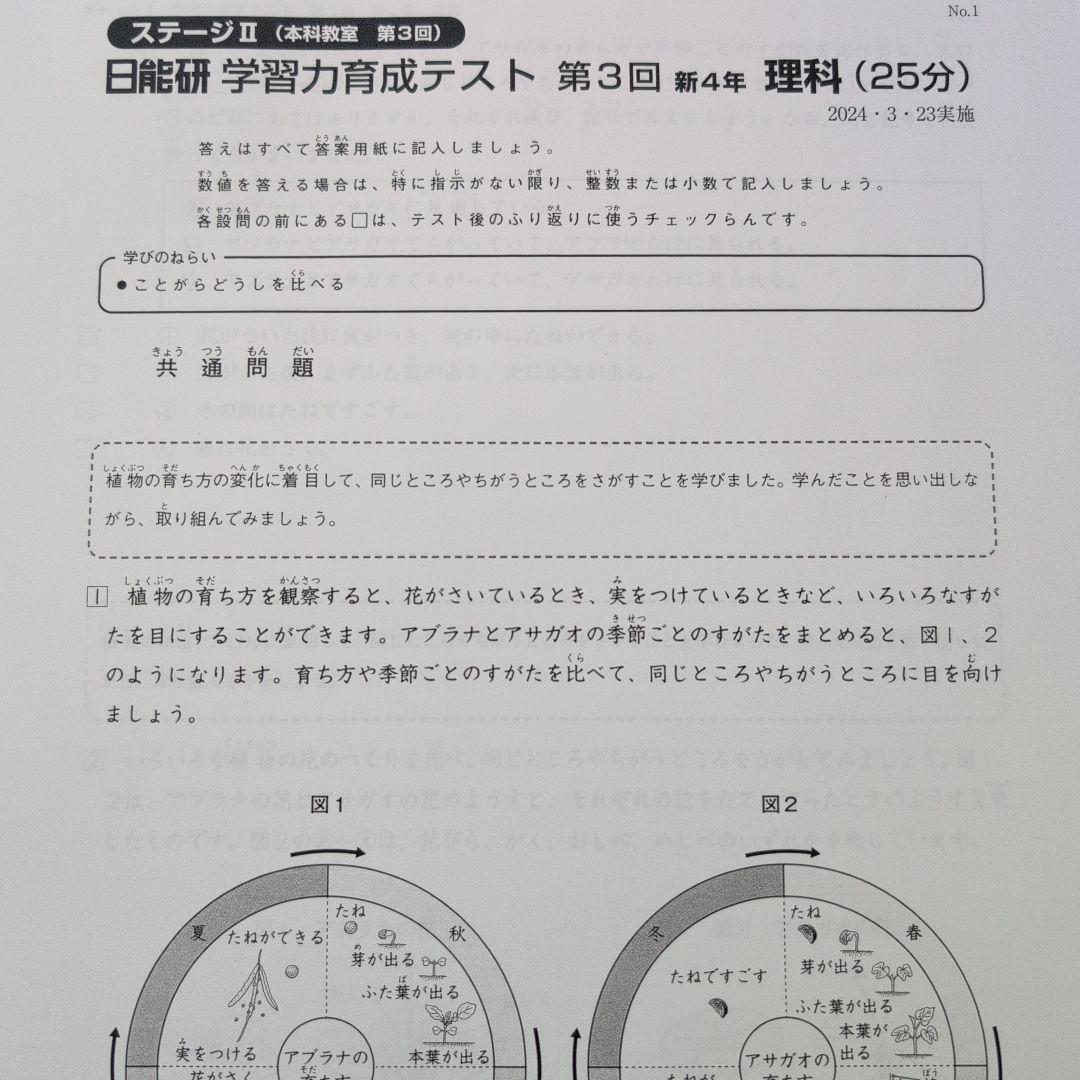 日能研】新小4 2024年3月23日実施 第3回 学習力育成テスト国算理 3科