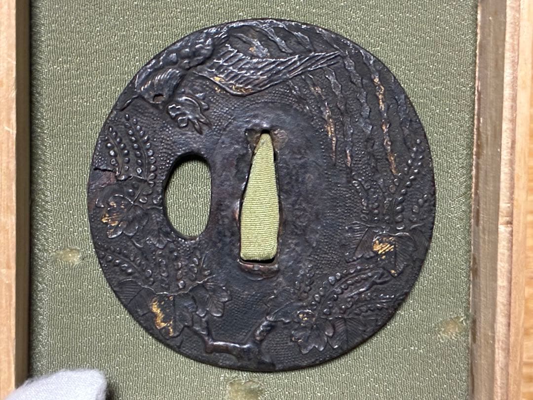 銅製 鳳凰 桐紋 象嵌 彫刻 鍔(つば) 時代物 箱入