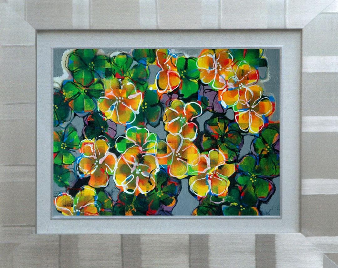 油絵 菅家令子 絵 絵画インテリア額付(青緑＋金色の枠) F4-091616