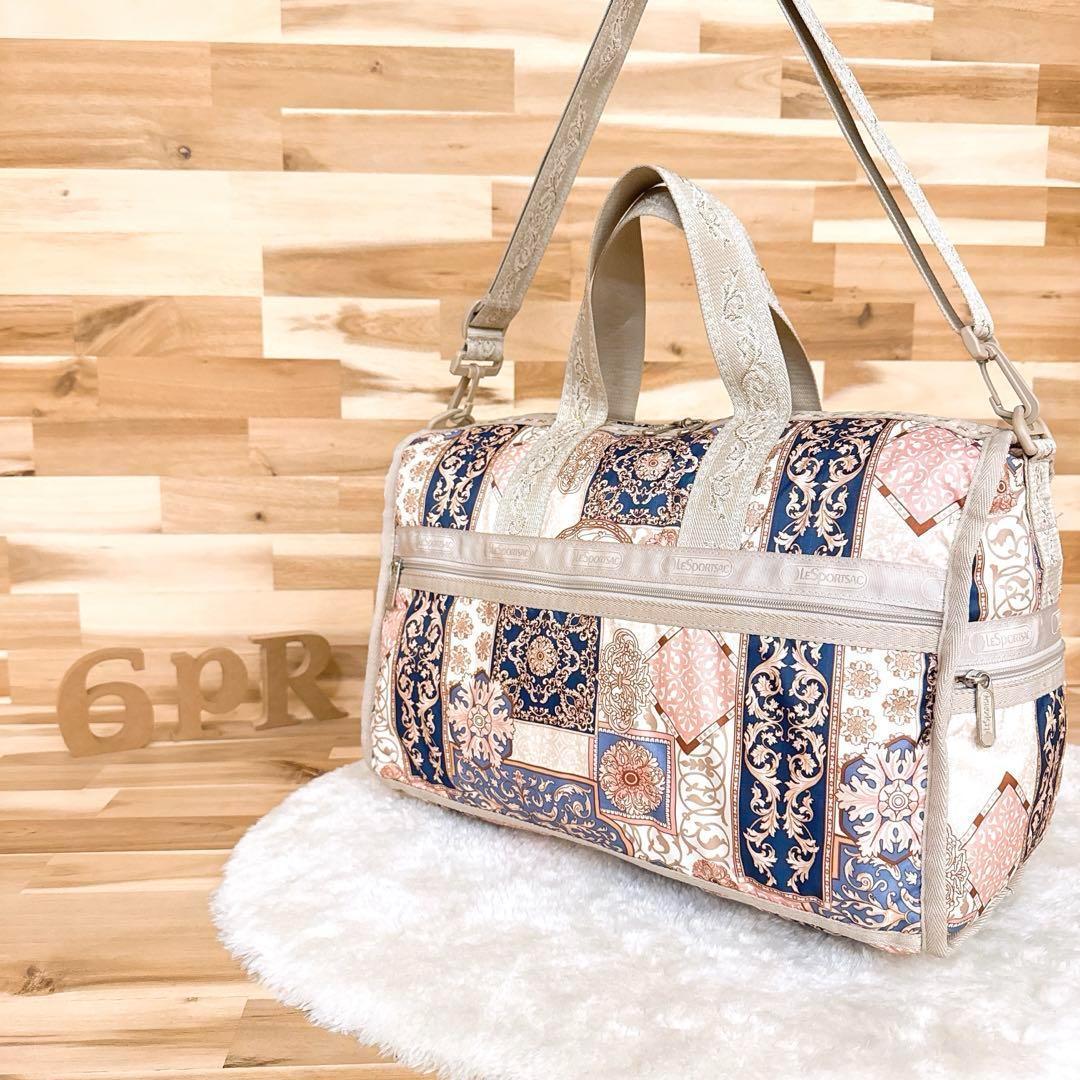 希少【レスポートサック】ボストンバッグ オードリー柄 総柄 刺繍 ベージュ×金