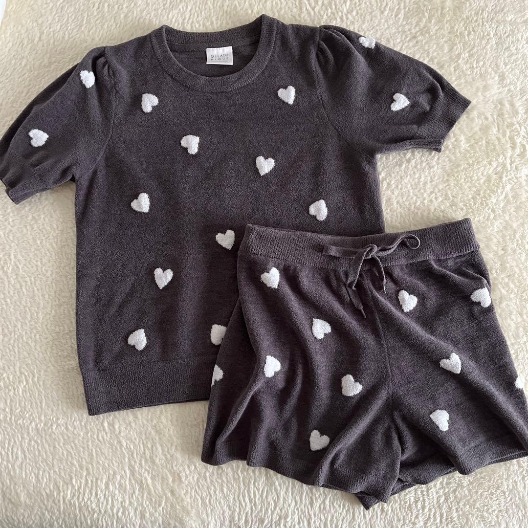 ジェラピケ　パジャマ　ルームウェア　グレー　ハート　半袖　半パン gelato pique（ジェラートピケ） パジャマ ルームウェア リブショート