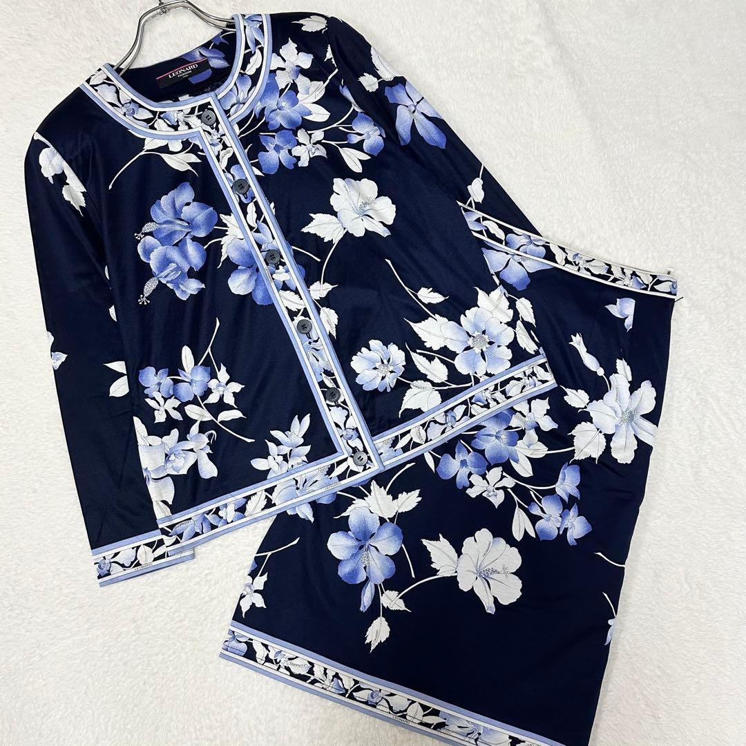 LEONARDレオナール 花柄 セットアップ スカート Lサイズ コットン 紺色