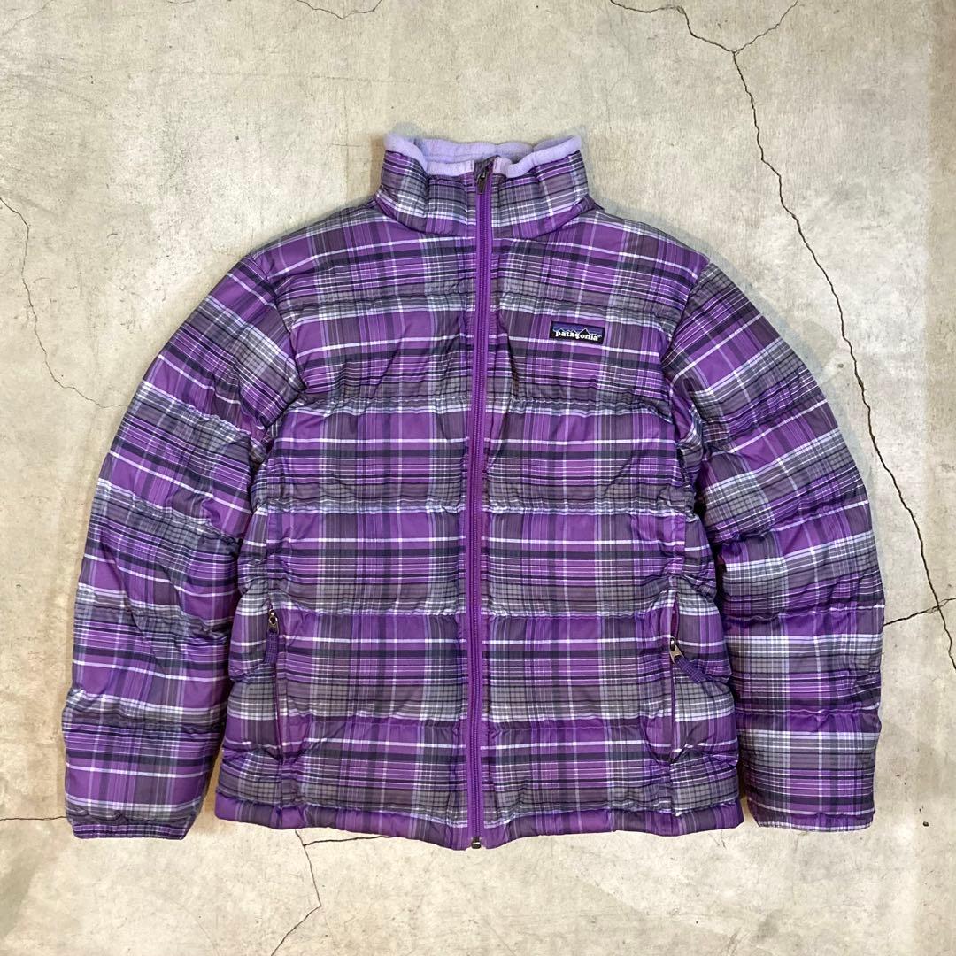 美品 パタゴニア patagonia ダウン ジャケット S 紫 チェック 総柄 美品 L 90s USA 紫 Patagonia Synchilla シェルドシンチラ パタゴニア