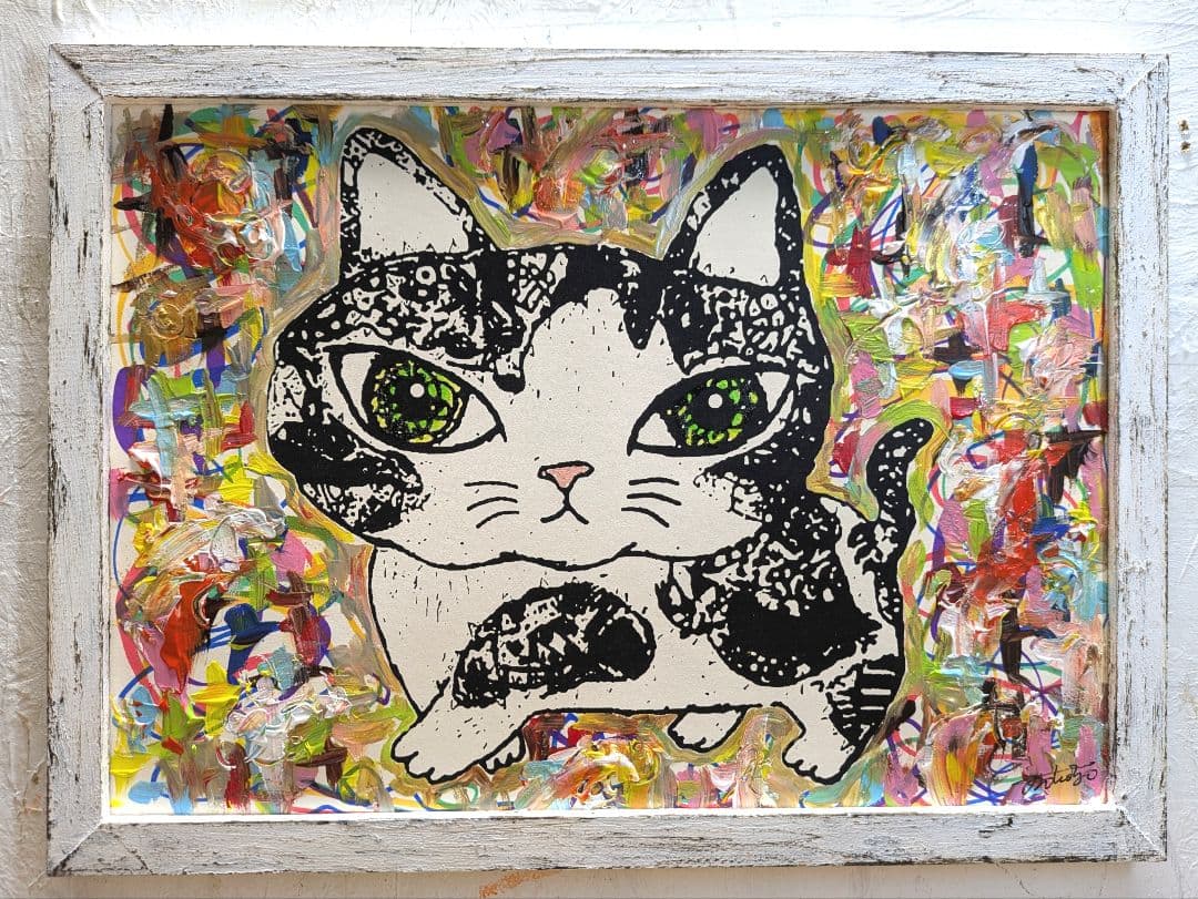 手作り額付き作品　title「お通りニャンコ」