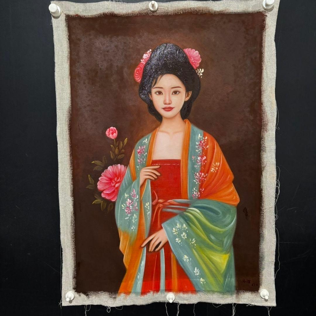 手描き 水彩油画 人物画 尚谊 作品図 中国絵画 約70×100cm 未表装