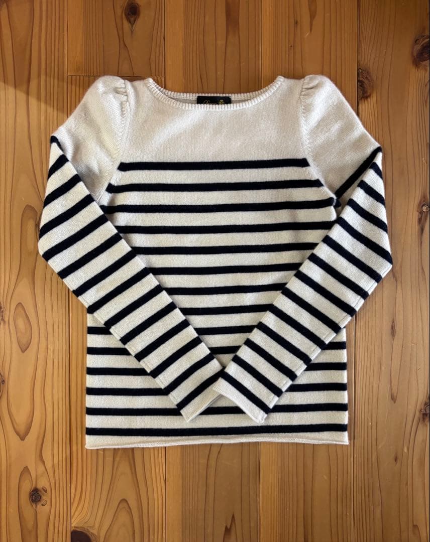 【m.ha】Drawer カシミヤ ボーダーパフスリーブニット アイボリー