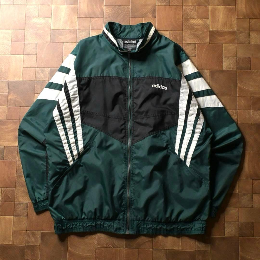 か*ん様 90s 万国旗タグ　アディダス　ナイロンジャケット　グリーン　刺繍ロゴ
