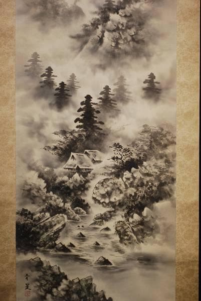 真作/青星/山村渓水図/布袋屋掛軸HC-380