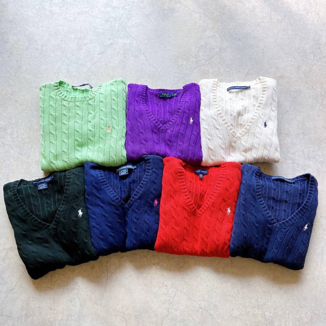 ポロ ラルフローレン パープル コットン ケーブルニット Vネック ロゴ