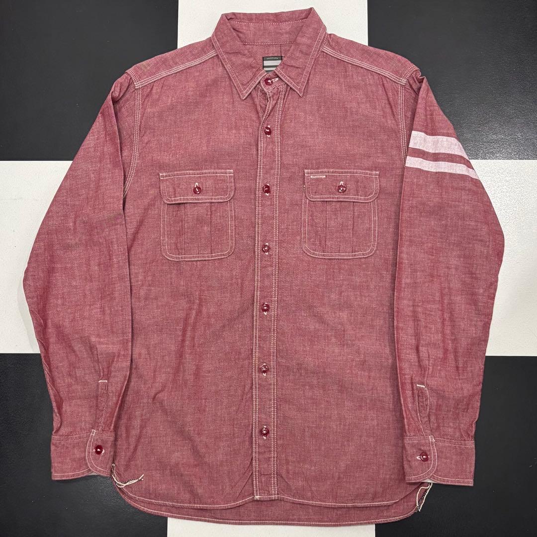 美品 桃太郎ジーンズ 出陣 シャンブレー ワーク シャツ 42 XL レッド