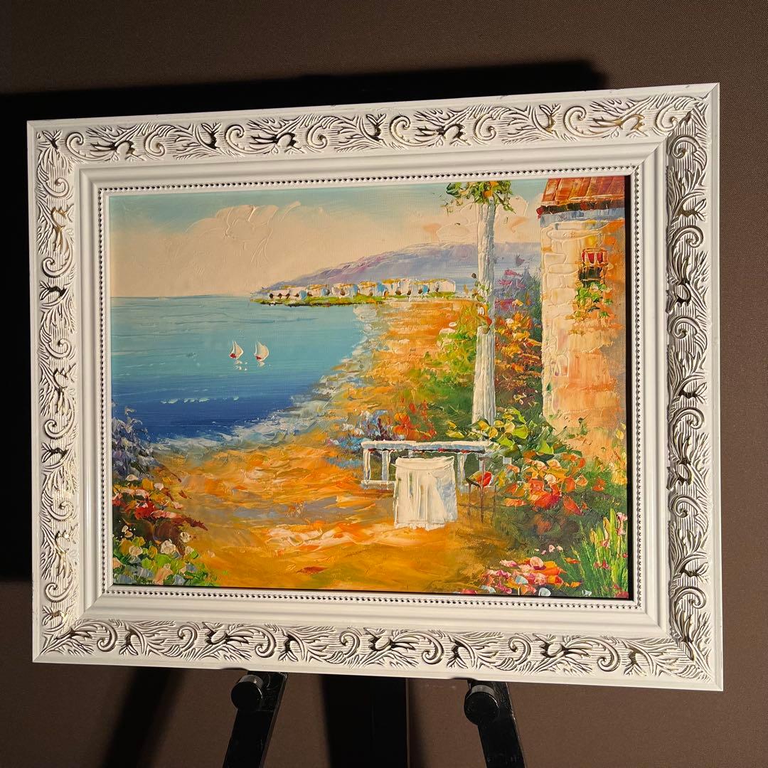 手書き油絵 地中海の風景 額付き 絵画 インテリア 油彩画
