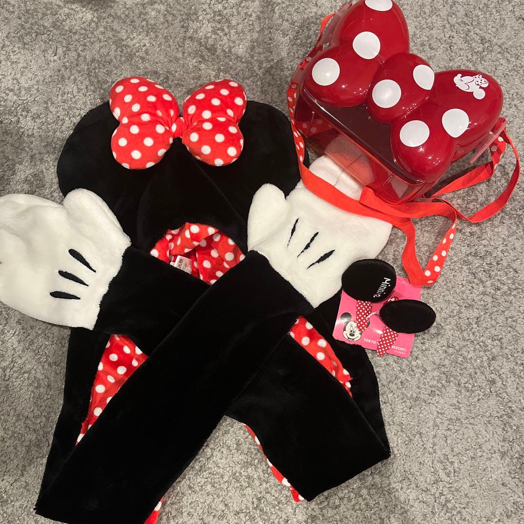 ミニーマウス ファンキャップ　ポップコーンケース　ミニーヘアピンセット ミニーマフラーキャップ&ミニーヘアピン&リボン型ポップコーンバケット