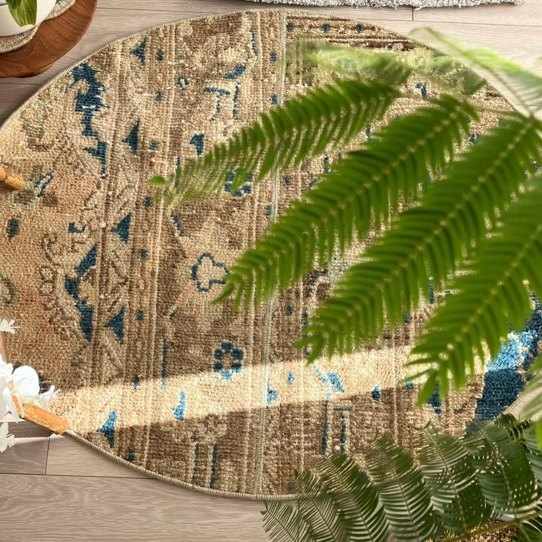 75×88✳︎ラウンド ブラウン ブルー パッチワーク トルコヴィンテージラグ