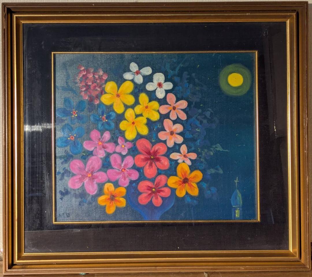 【真作】絵画　沖野実　油彩8号　夜の花束　カラフルな幻想花　濃紺背景　X91