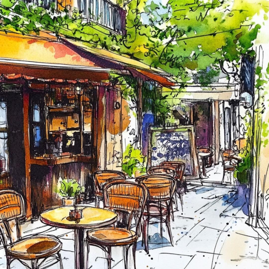 パリの小さなカフェの水彩画アート フランスの街角｜インテリア