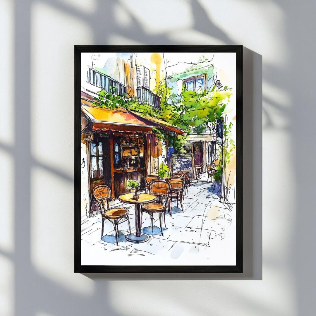 パリの小さなカフェの水彩画アート フランスの街角｜インテリア