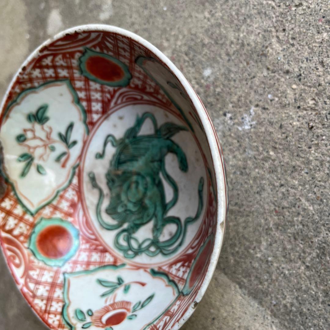 骨董 古犬山焼 赤絵 赤玉 なます皿 菓子器 獅子 中深鉢 江戸後期 金