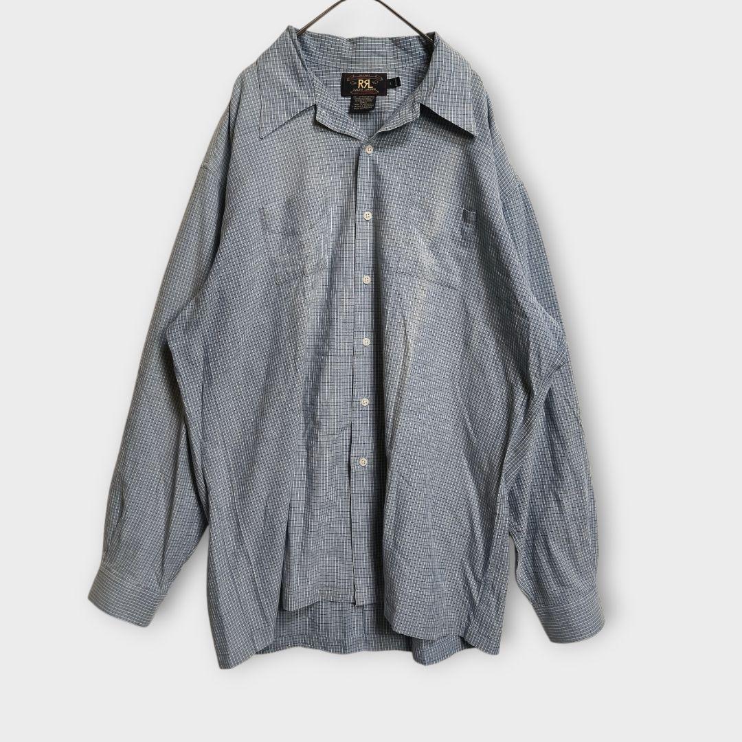 【希少】90s RRL 三ツ星タグ チェック長袖シャツ L ブルー 【A191】