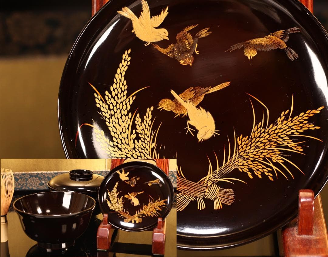 BK408　時代輪島塗　稲穂雀図金蒔絵　吸物椀　二客　木製　茶道具 懐石 会席 BK408 時代輪島塗 稲穂雀図金蒔絵 吸物椀 二客 木製 茶道具 懐石 会席