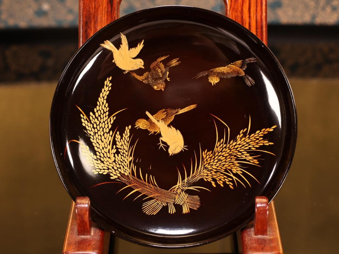 BK408 時代輪島塗 稲穂雀図金蒔絵 吸物椀 二客 木製 茶道具 懐石 会席