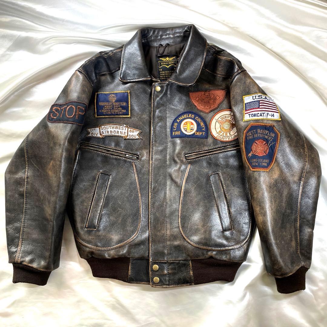 希少　HUMAN BEING レザー　A-2フライトジャケット　38 ブラウン カウレザー A-2 フライトジャケット◇M～3XL – quietman clothes