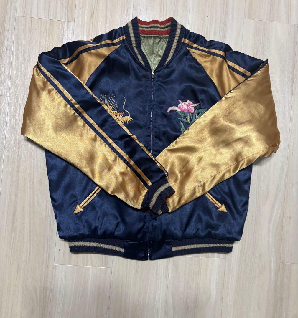 東洋　スカジャン　グアム 地図＆孔雀 刺繍